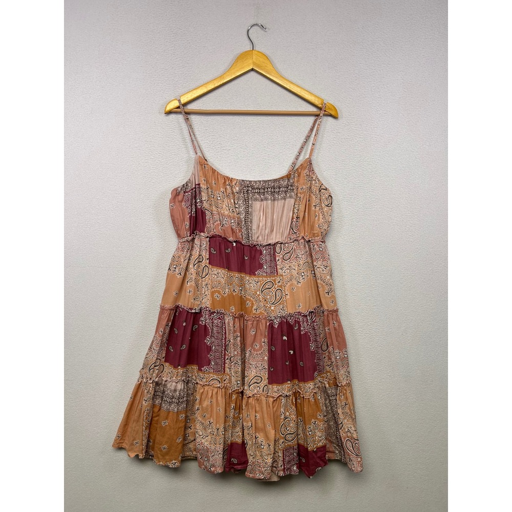 Boho Festival Lucky Brand Womens Large Pink Paisley Tiered Patch Work Mini Dress